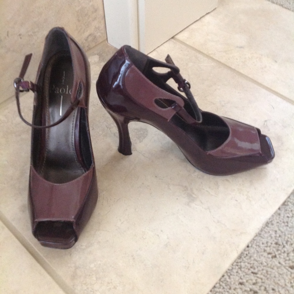Linea Paolo women's patent peep toe heels.